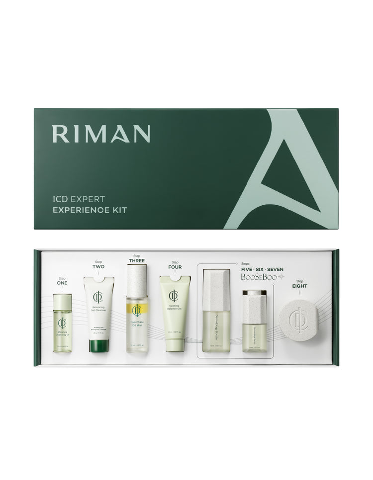 Riman skincare product set with eight items in front of a green box on a white background